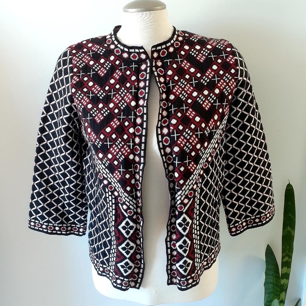 ATMOSPHERE Women's 3/4 Sleeve Open Cardigan Sweater Pattern Black Red‎ Small
